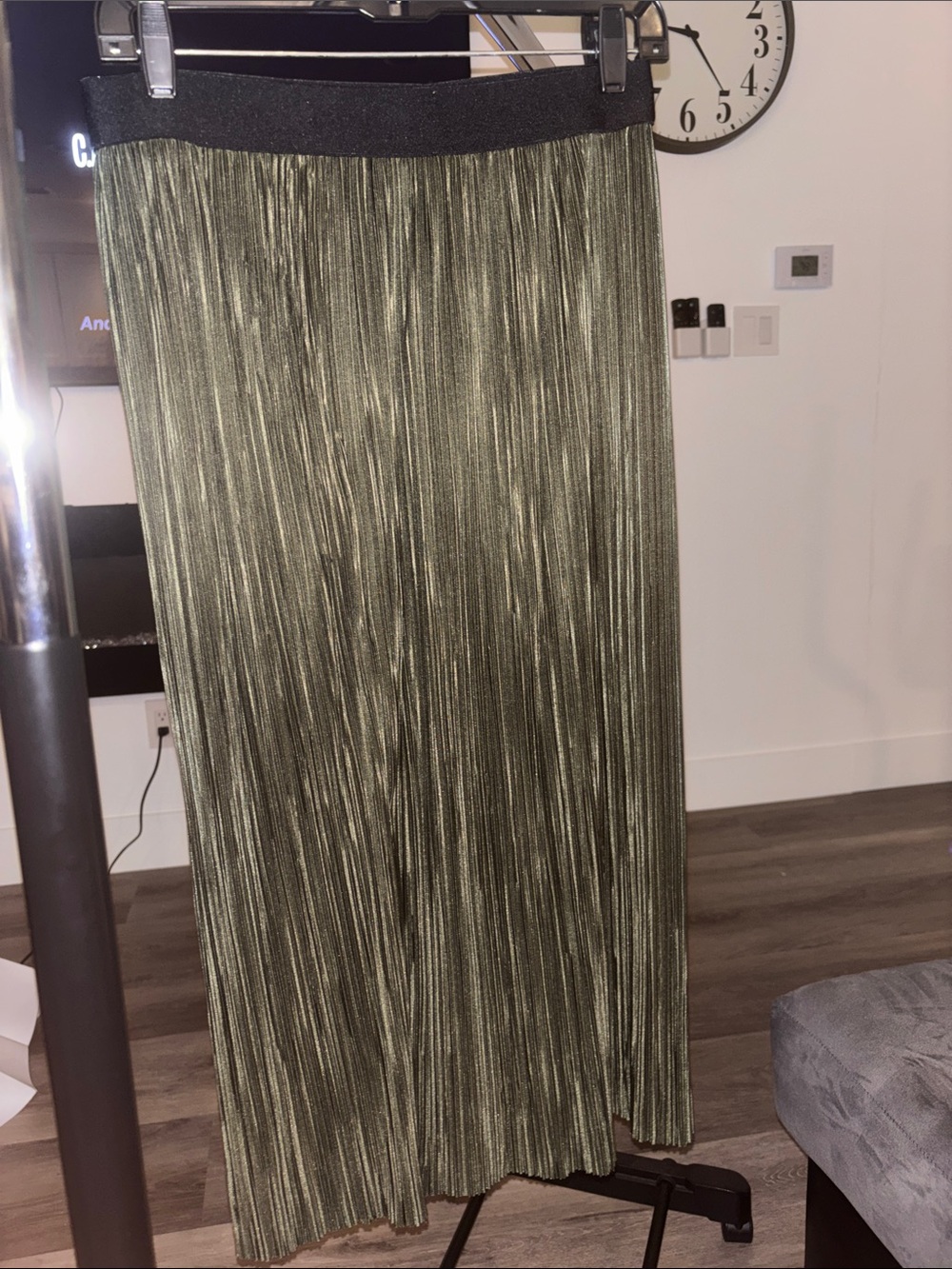 Metallic Olive Pleated Maxi Skirt with Black Elastic Waistband